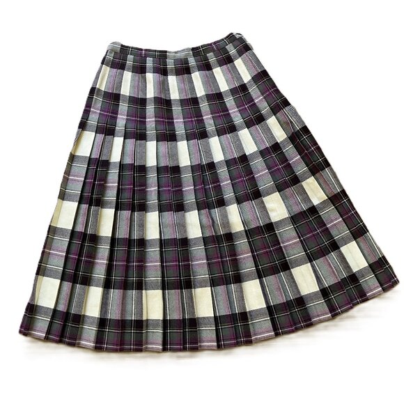 Aljean Wool Plaid Pleated Kilt Skirt Purple Tartan Vintage Made in Canada - Picture 1 of 7